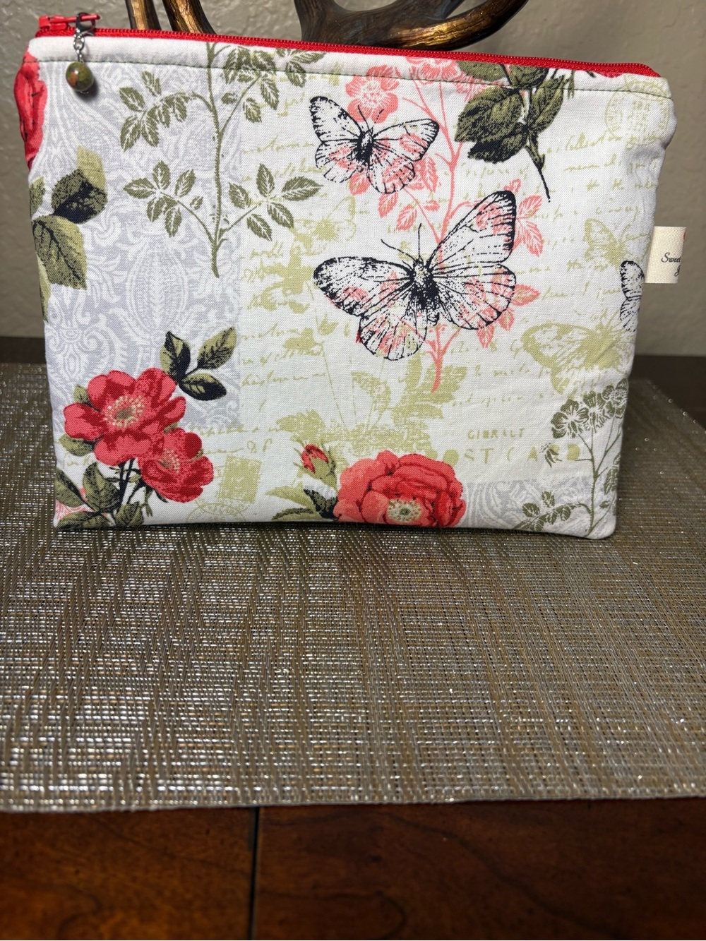 NEW Handmade Cottagecore Floral Butterfly Botanicals Cotton Zipper Pouch